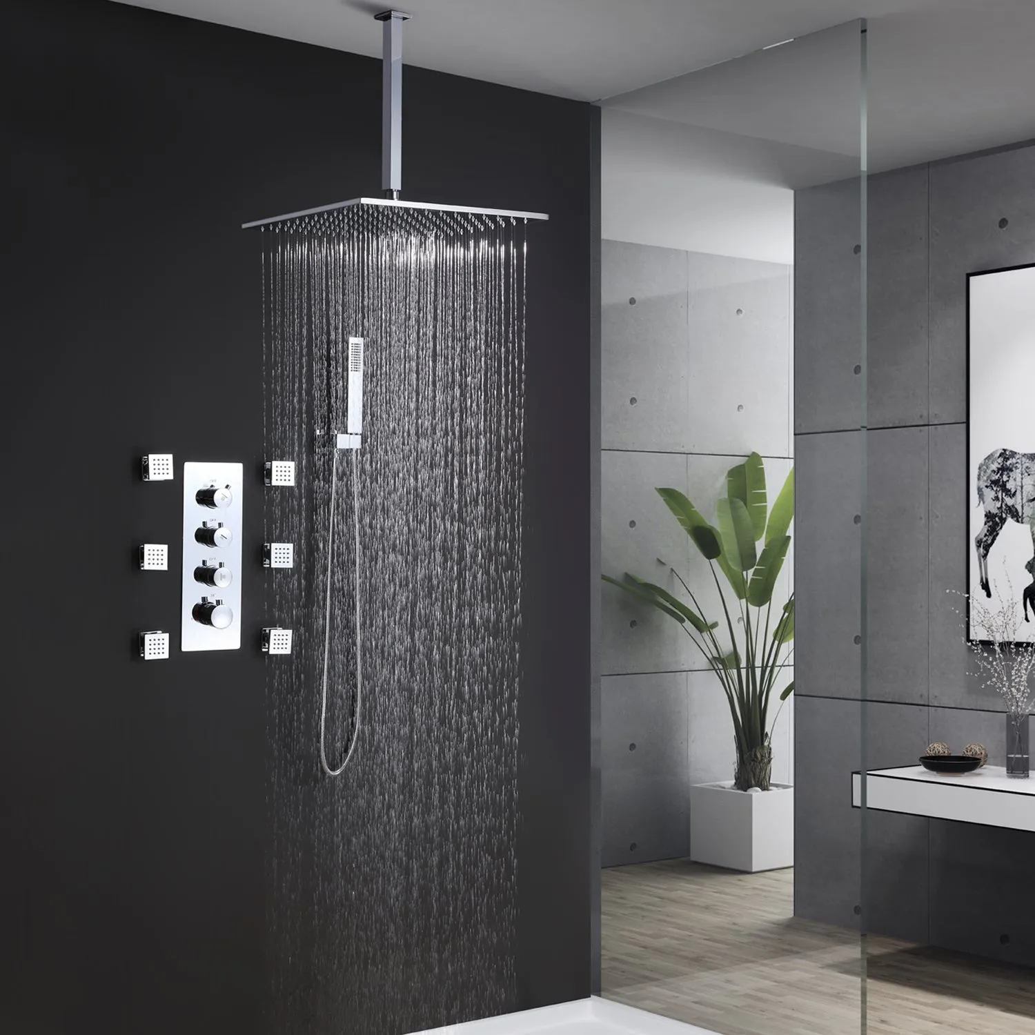 Ceiling Mount Thermostatic Shower Faucet Set with 6 Body Sprays Chrome RB0807