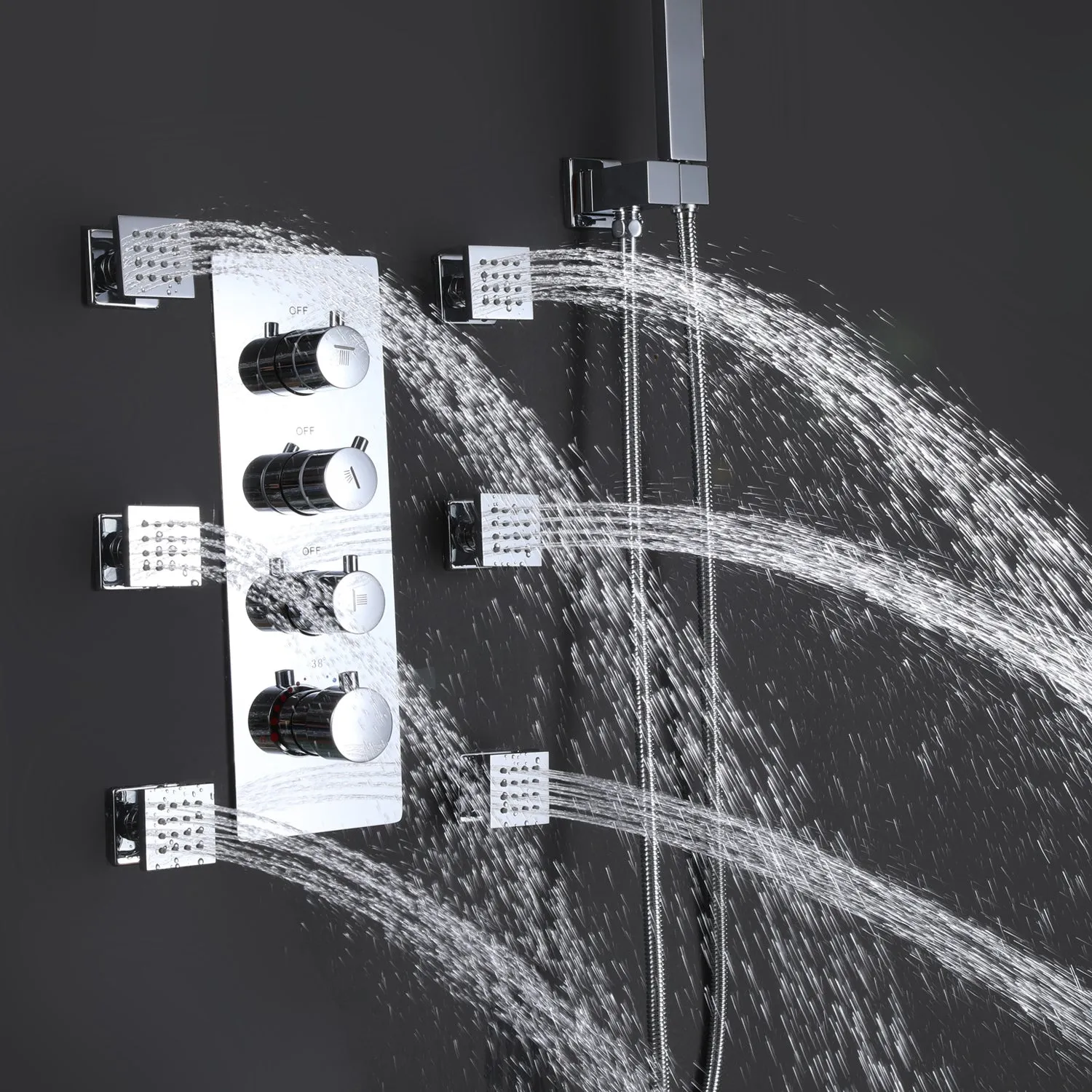Ceiling Mount Thermostatic Shower Faucet Set with 6 Body Sprays Chrome RB0807