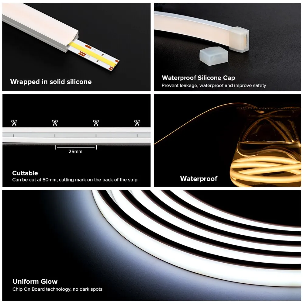 FCOB COB FOB CCT LED Light Strip IP68 640LEDs Outdoor Waterproof 24V 2700K to 6000K High Linear Warm Cool White