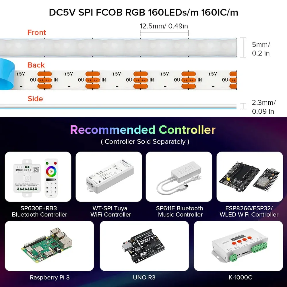 FCOB RGB IC LED Light Strip Similar WS2812B Individually Addressable 160LEDs Smart Pixels Magic DC5V