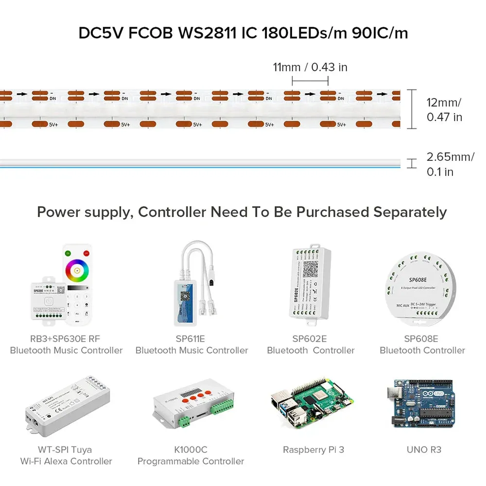 FCOB RGB IC LED Light Strip WS2811 Addressable 180LEDs Smart Pixels Magic Flexible RA90