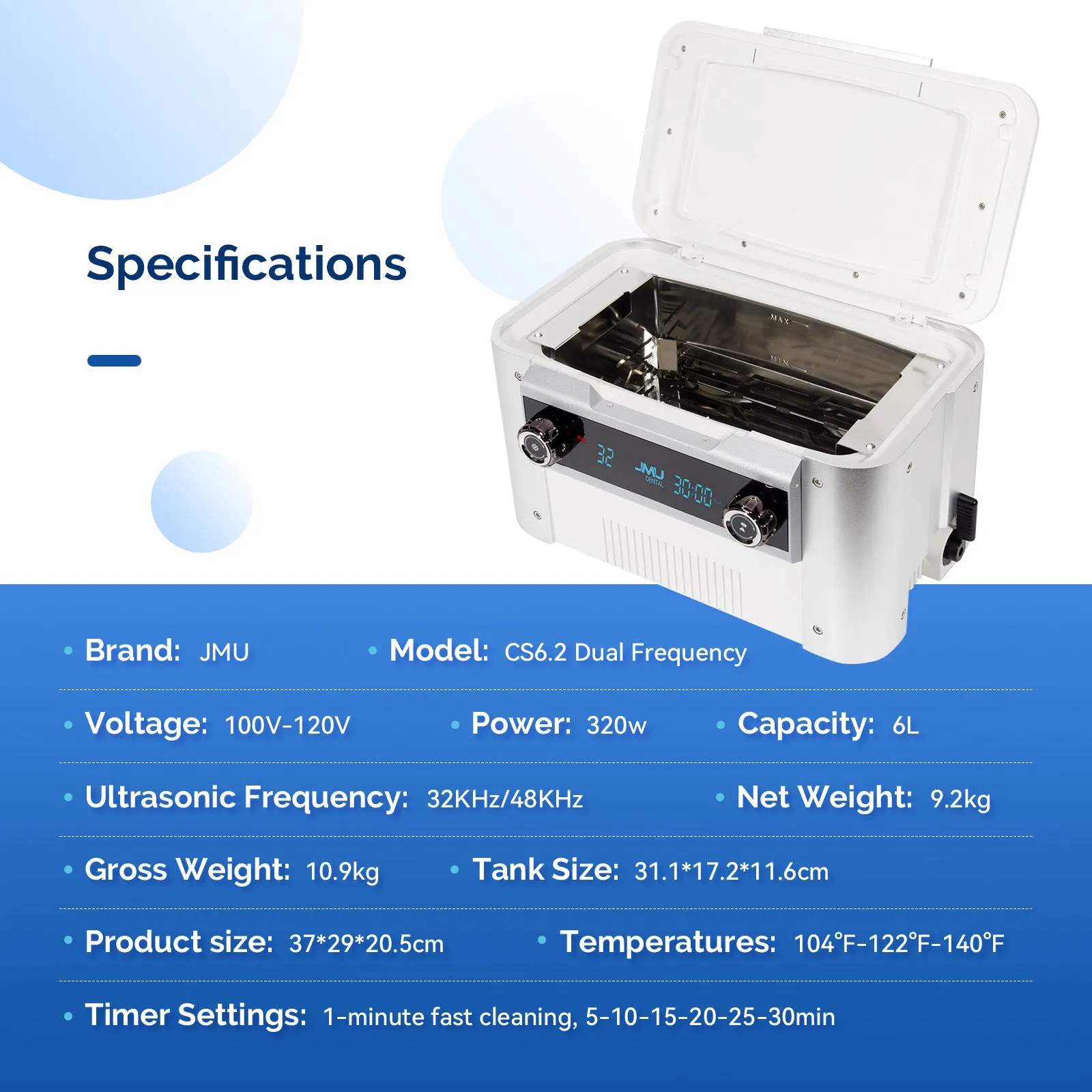 JMU Dental Ultrasonic Cleaner 1.6Gal Temperature Timer Settings