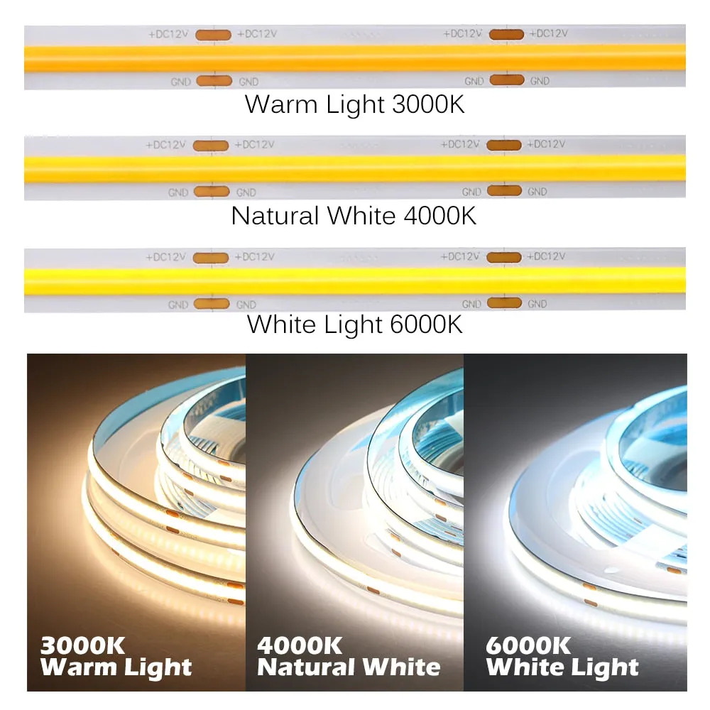 LED Strip 320 384 528 LEDs High Density Flexible COB LED Lights DC12V 24V RA90 3000K 4000K 6000K LED Tape 5m/lot.