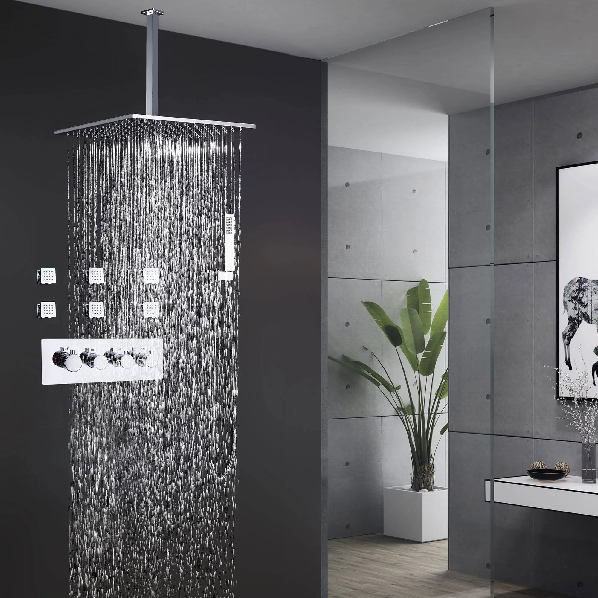 Luxury Ceiling Mount Thermostatic Shower System with 6 Body Sprays and Handheld RB0810