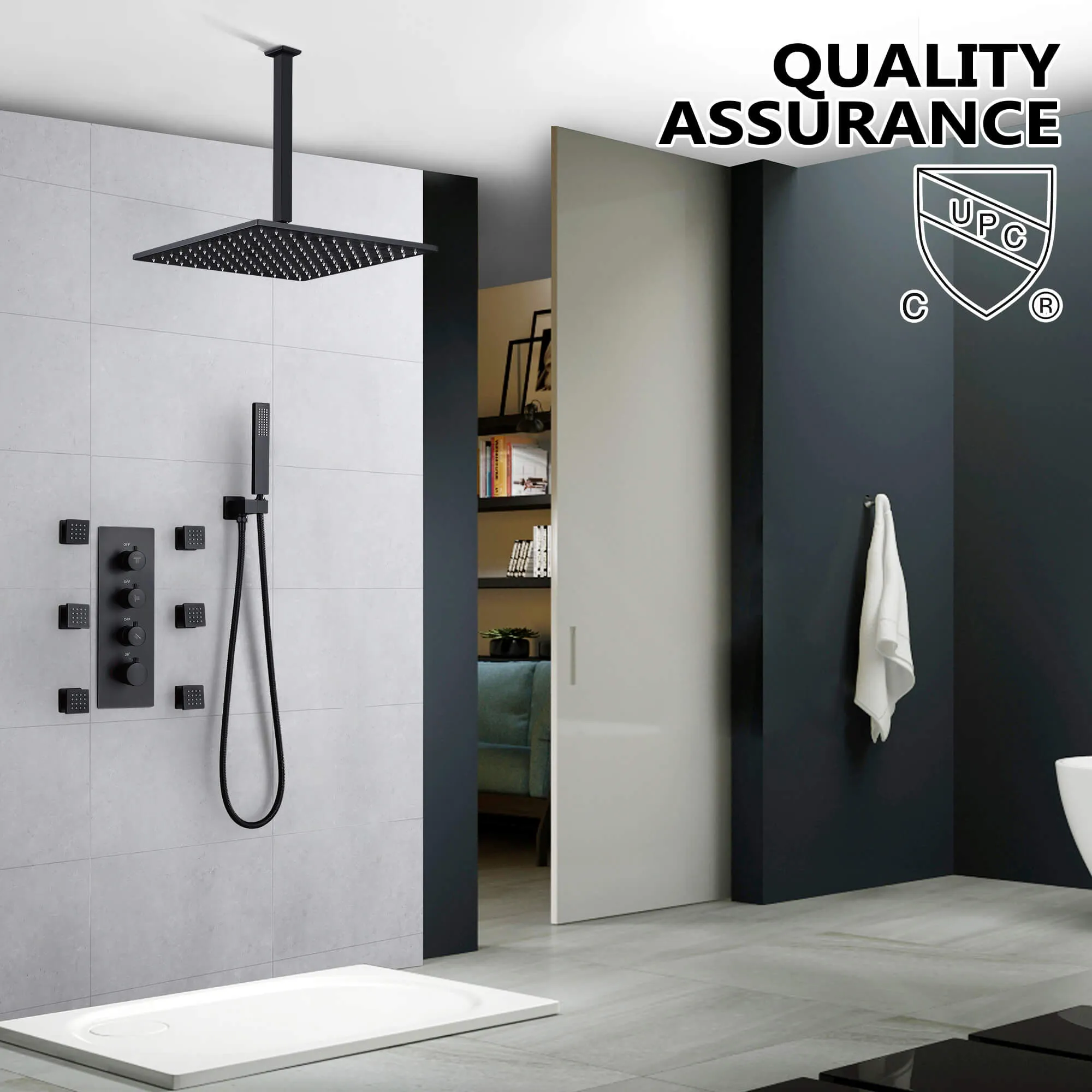 Luxury Ceiling Mount Thermostatic Shower System with 6 Body Sprays and Handheld RB0810