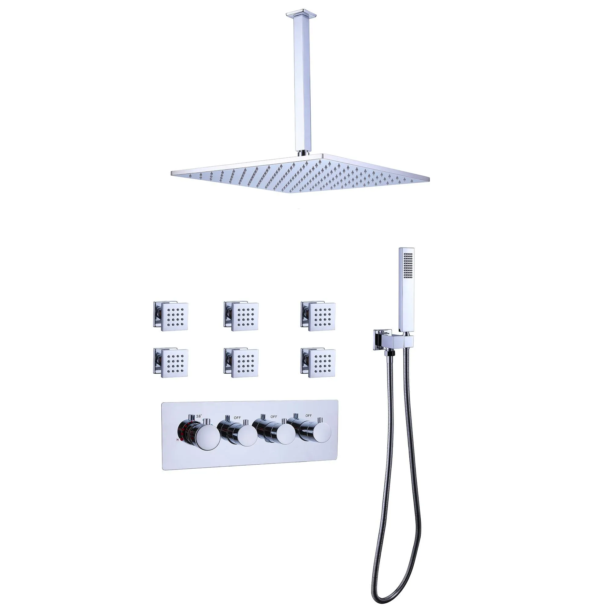 Luxury Ceiling Mount Thermostatic Shower System with 6 Body Sprays and Handheld RB0810