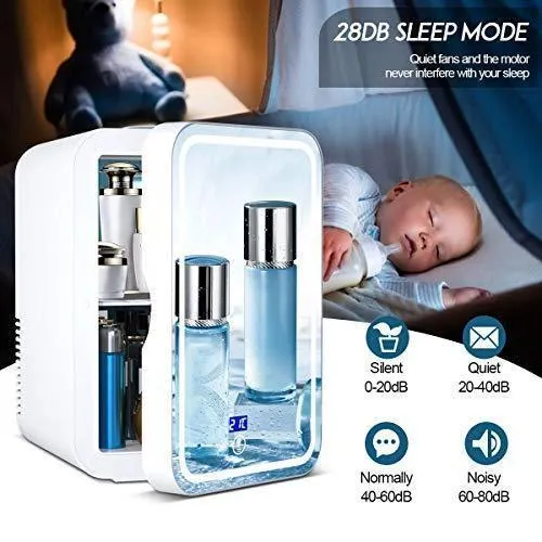 Mini Fridge 6 Liter,Mirror refrigerator,Portable Mirrored Beauty Fridge With LED Lighting, Skincare Fridge for Skincare, Bedroom and Travel (with Digital Temperature Control)