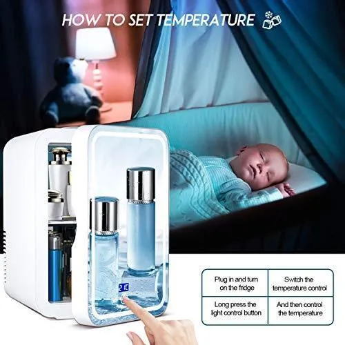 Mini Fridge 6 Liter,Mirror refrigerator,Portable Mirrored Beauty Fridge With LED Lighting, Skincare Fridge for Skincare, Bedroom and Travel (with Digital Temperature Control)