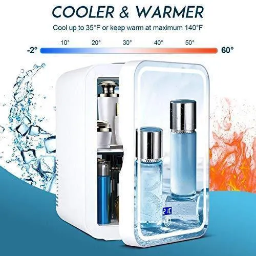 Mini Fridge 6 Liter,Mirror refrigerator,Portable Mirrored Beauty Fridge With LED Lighting, Skincare Fridge for Skincare, Bedroom and Travel (with Digital Temperature Control)