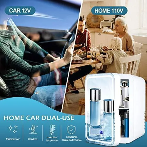 Mini Fridge 6 Liter,Mirror refrigerator,Portable Mirrored Beauty Fridge With LED Lighting, Skincare Fridge for Skincare, Bedroom and Travel (with Digital Temperature Control)