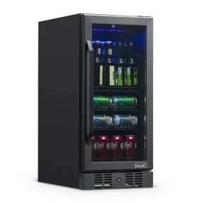 Newair 15” Built-In 96 Can Beverage Fridge with Precision Temperature Controls and Adjustable Shelves - Black Stainless Steel