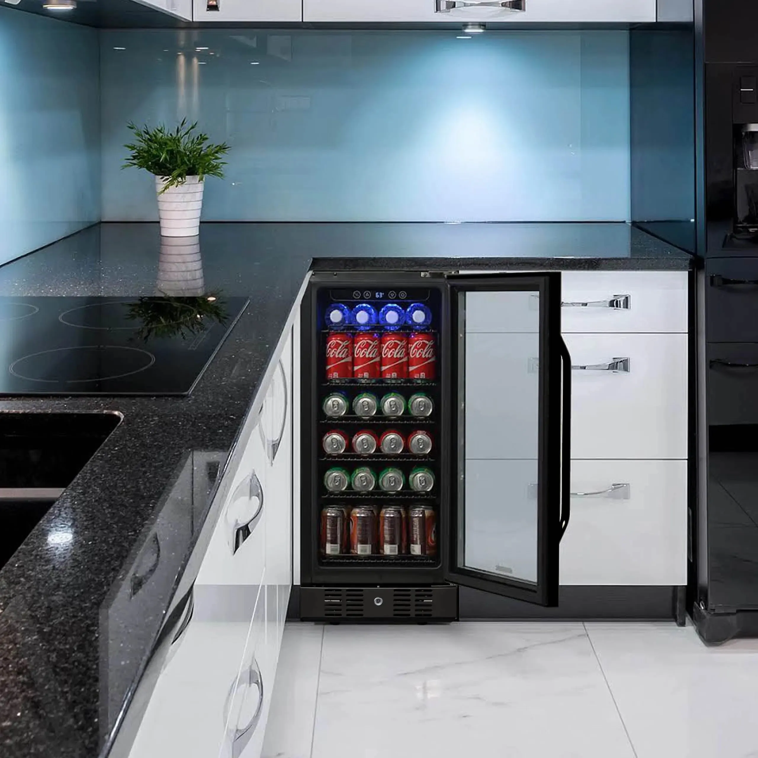 Newair 15” Built-In 96 Can Beverage Fridge with Precision Temperature Controls and Adjustable Shelves - Black Stainless Steel