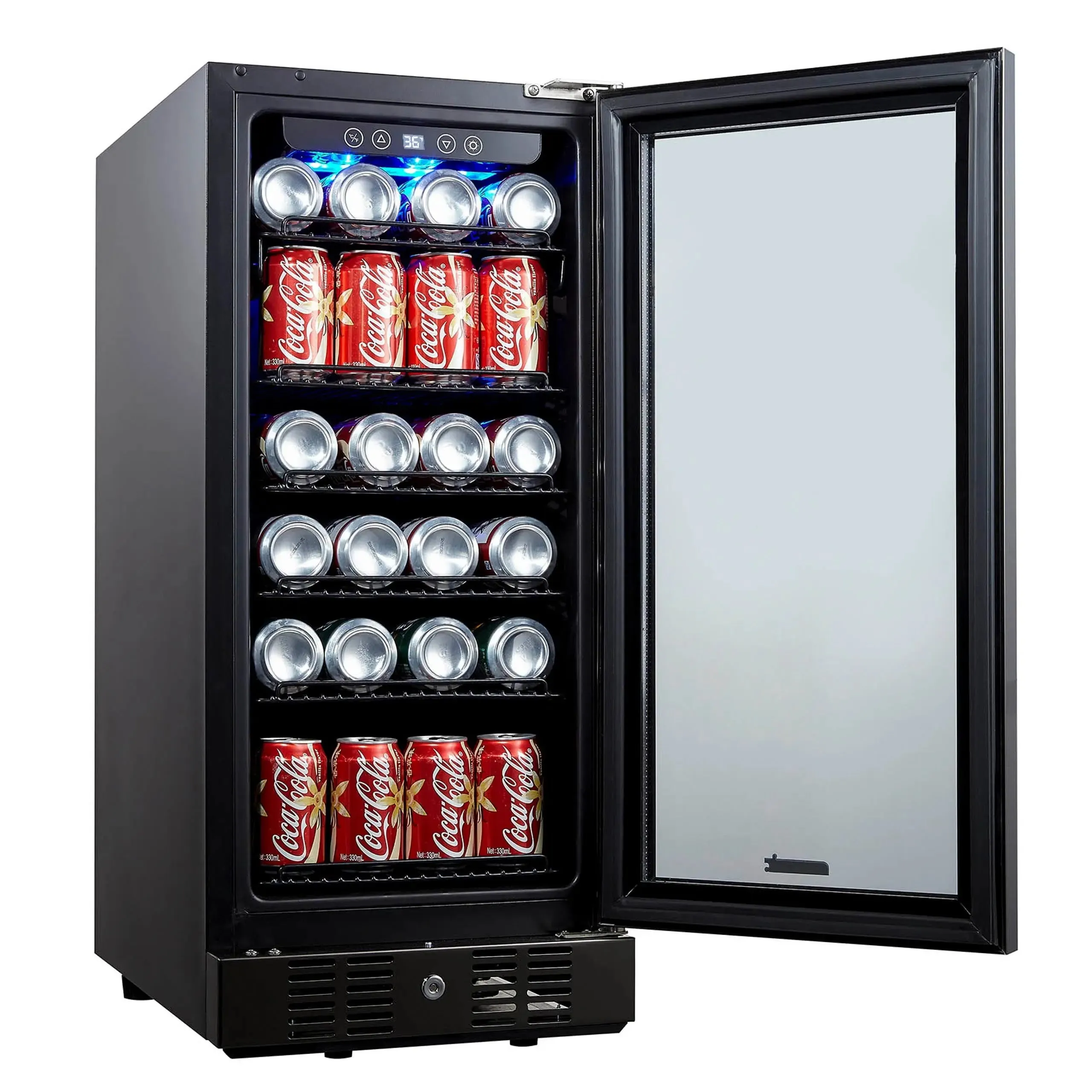 Newair 15” Built-In 96 Can Beverage Fridge with Precision Temperature Controls and Adjustable Shelves - Black Stainless Steel