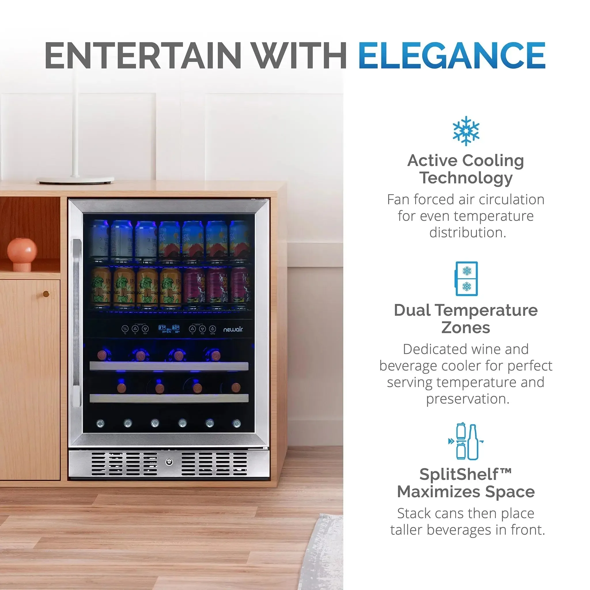 Newair 20 Bottle 70 Can Wine and Beverage Refrigerator Cooler, Built-In Dual Zone Fridge in Stainless Steel for Home, Office or Bar