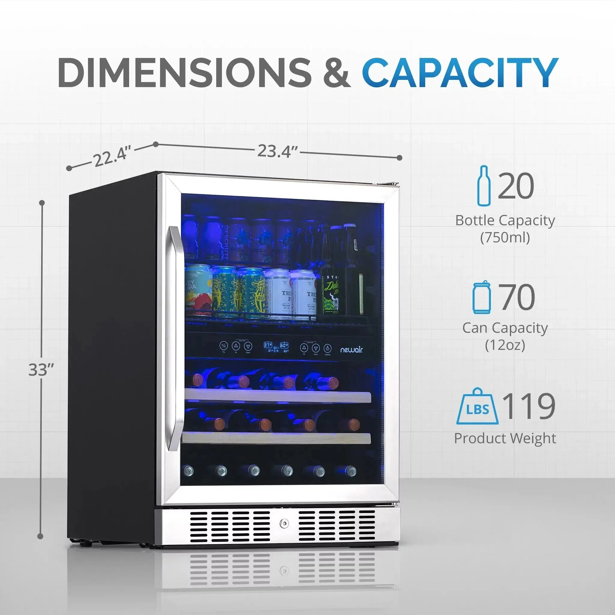 Newair 20 Bottle 70 Can Wine and Beverage Refrigerator Cooler, Built-In Dual Zone Fridge in Stainless Steel for Home, Office or Bar