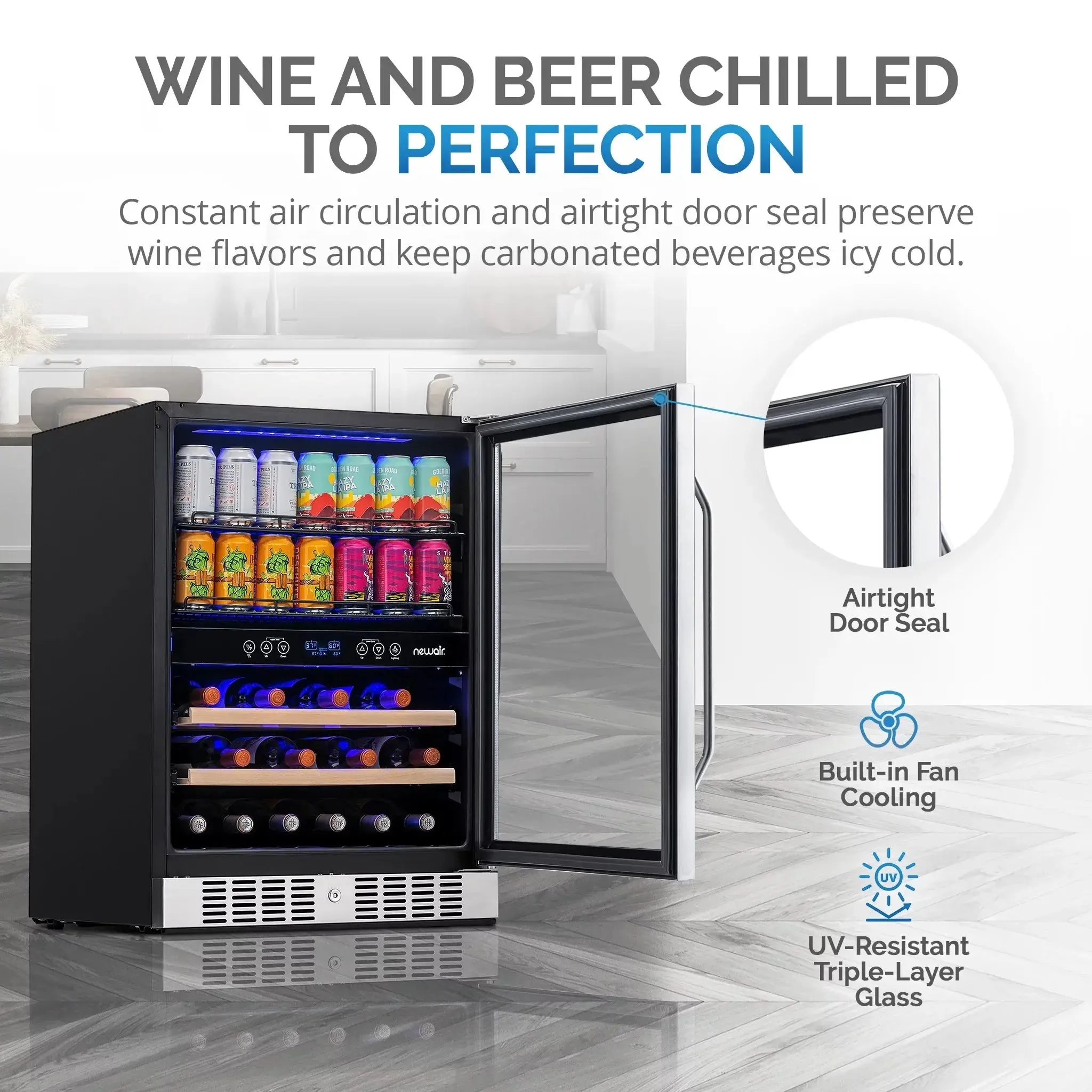 Newair 20 Bottle 70 Can Wine and Beverage Refrigerator Cooler, Built-In Dual Zone Fridge in Stainless Steel for Home, Office or Bar