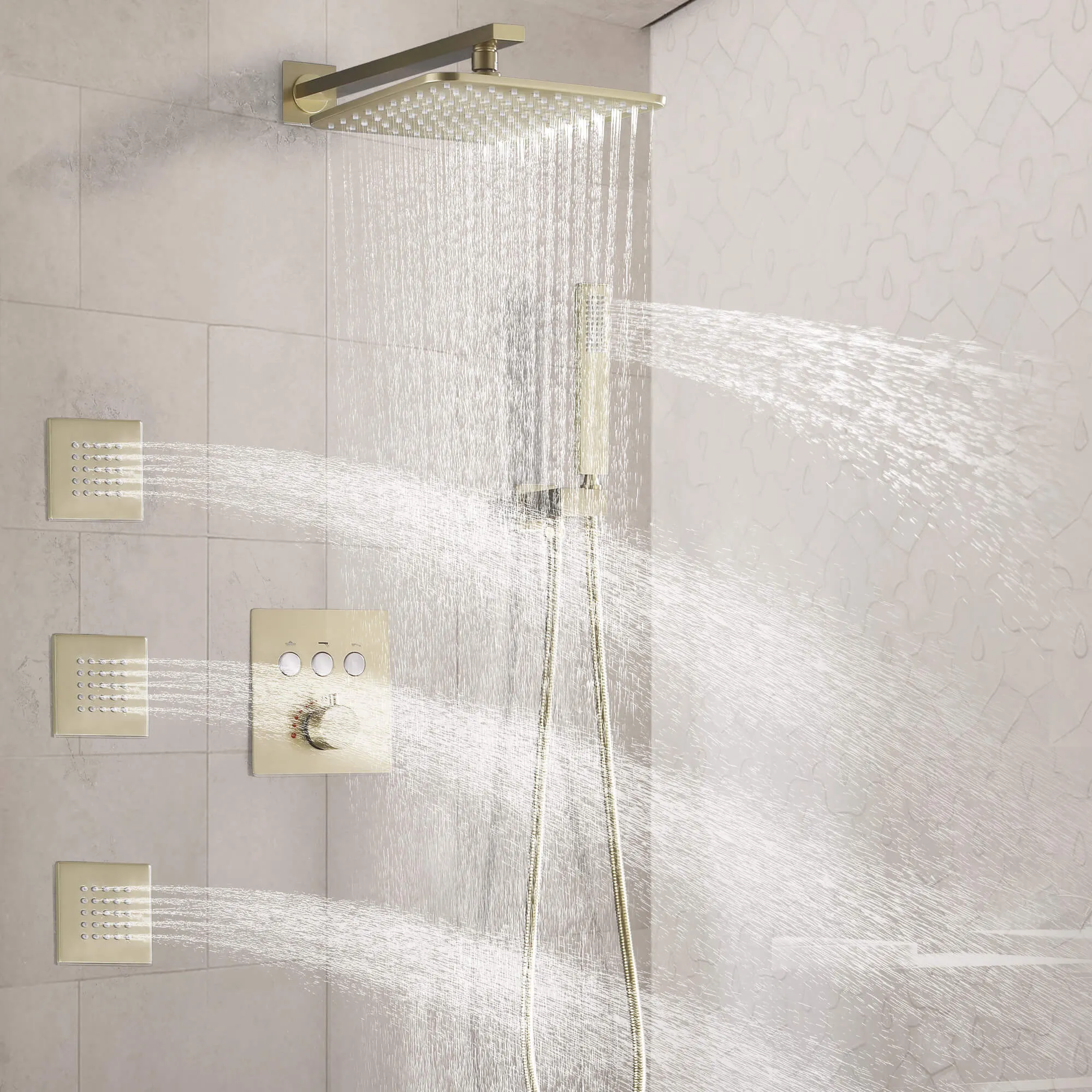 Rainfall Thermostatic Shower System with 3 PCS Body Jets Brushed Gold RB1111