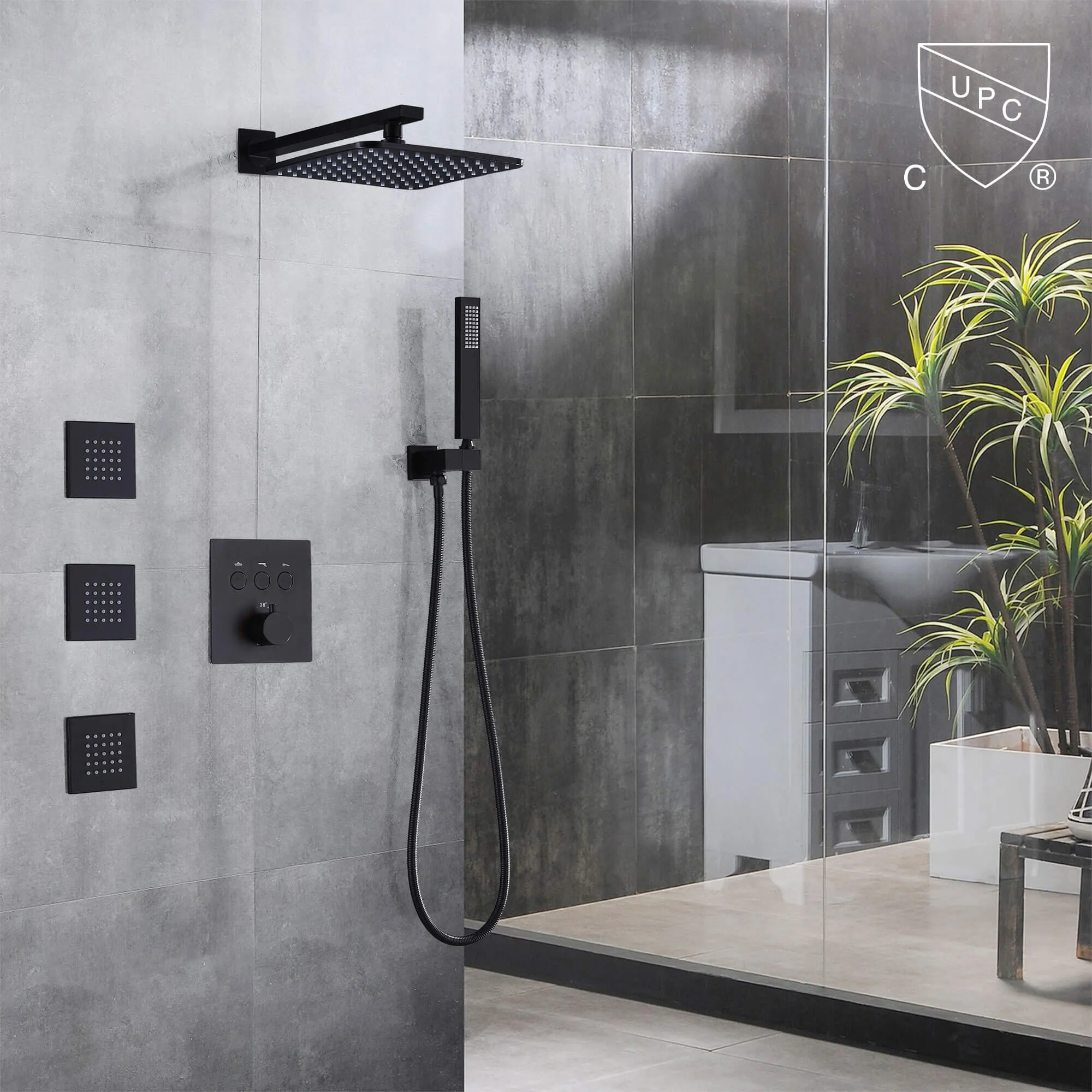 Rainfall Thermostatic Shower System with 3 PCS Body Jets Brushed Gold RB1111