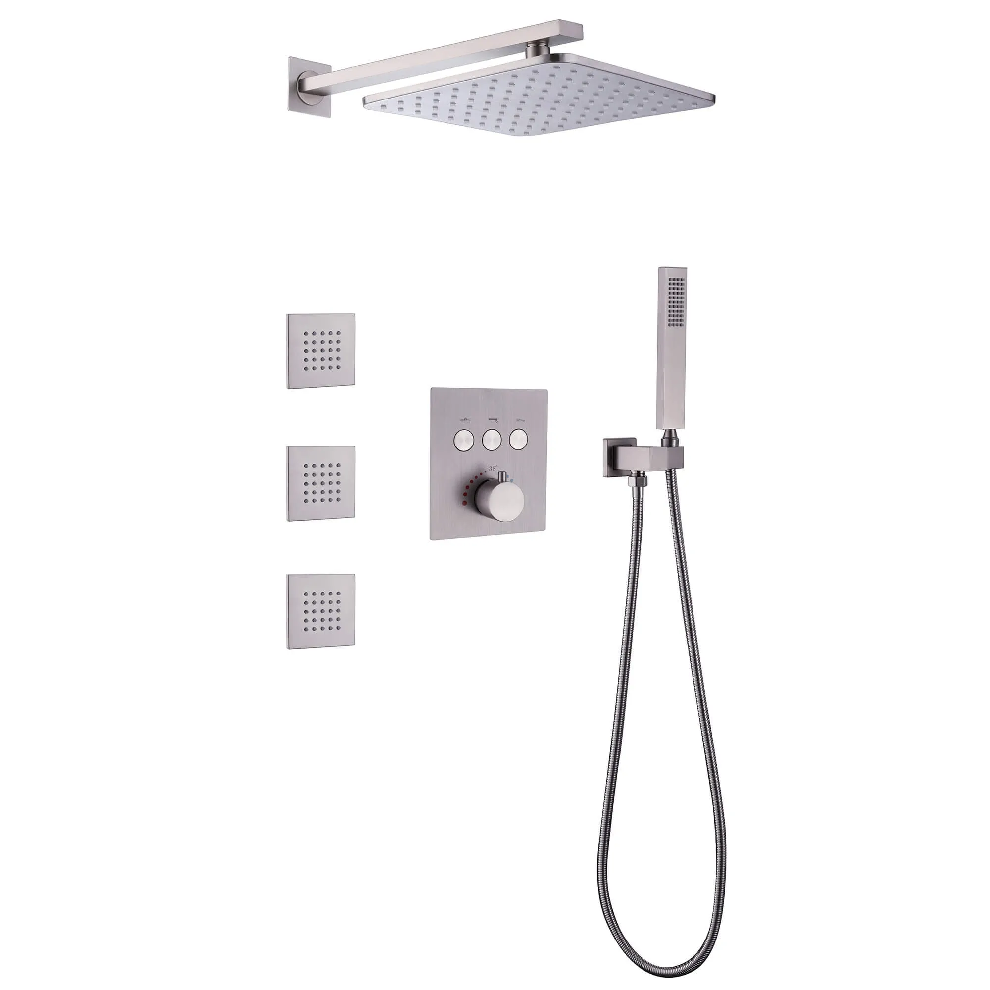 Rainfall Thermostatic Shower System with 3 PCS Body Jets Brushed Gold RB1111