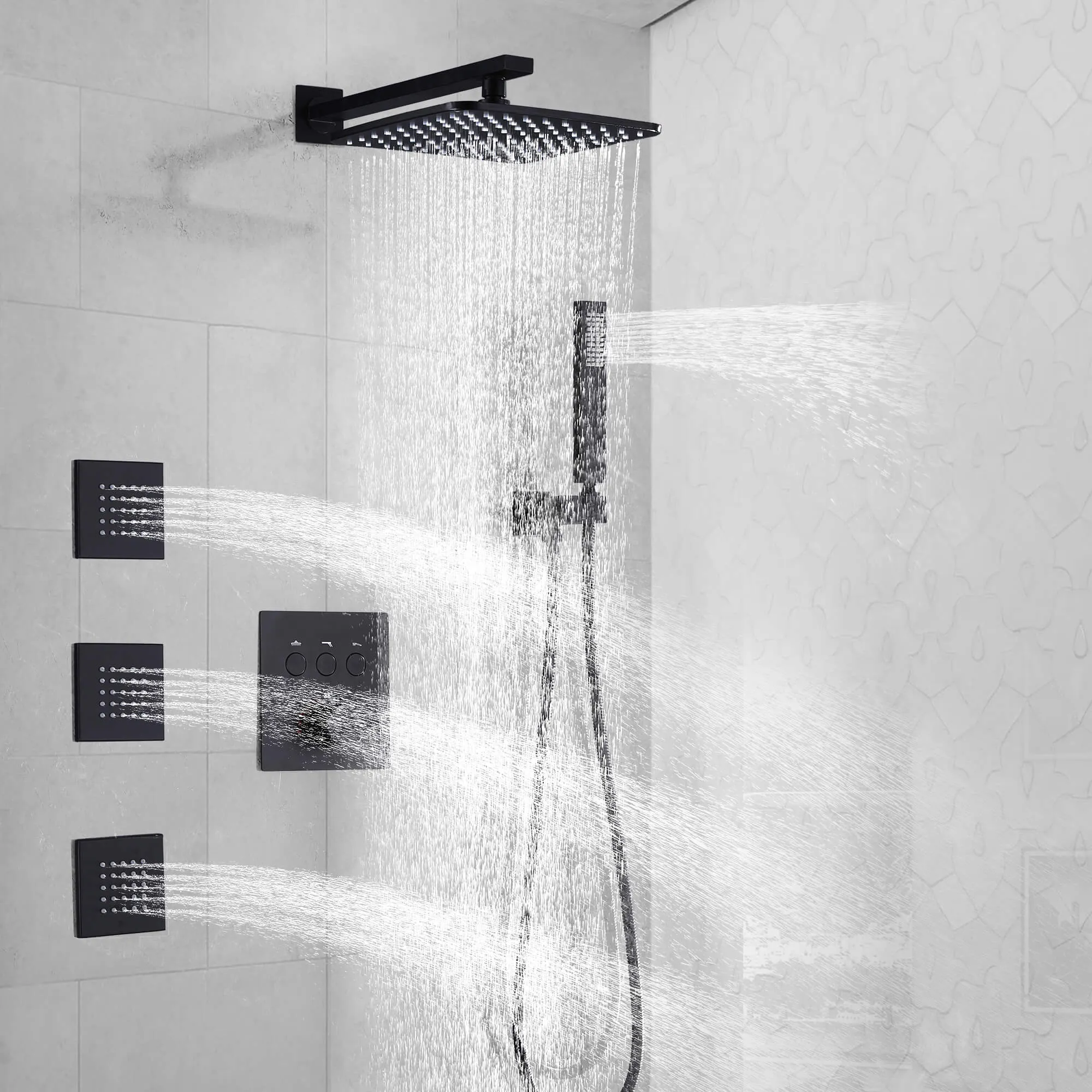 Rainfall Thermostatic Shower System with 3 PCS Body Jets Brushed Gold RB1111