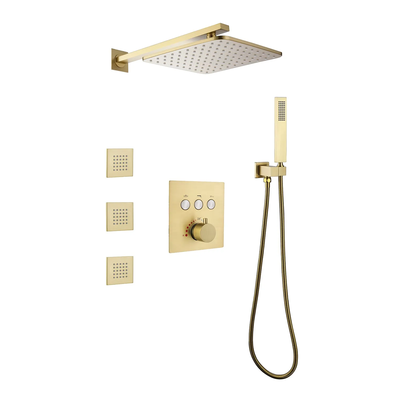 Rainfall Thermostatic Shower System with 3 PCS Body Jets Brushed Gold RB1111