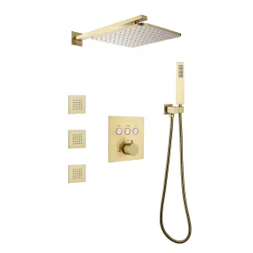 Rainfall Thermostatic Shower System with 3 PCS Body Jets Brushed Gold RB1111