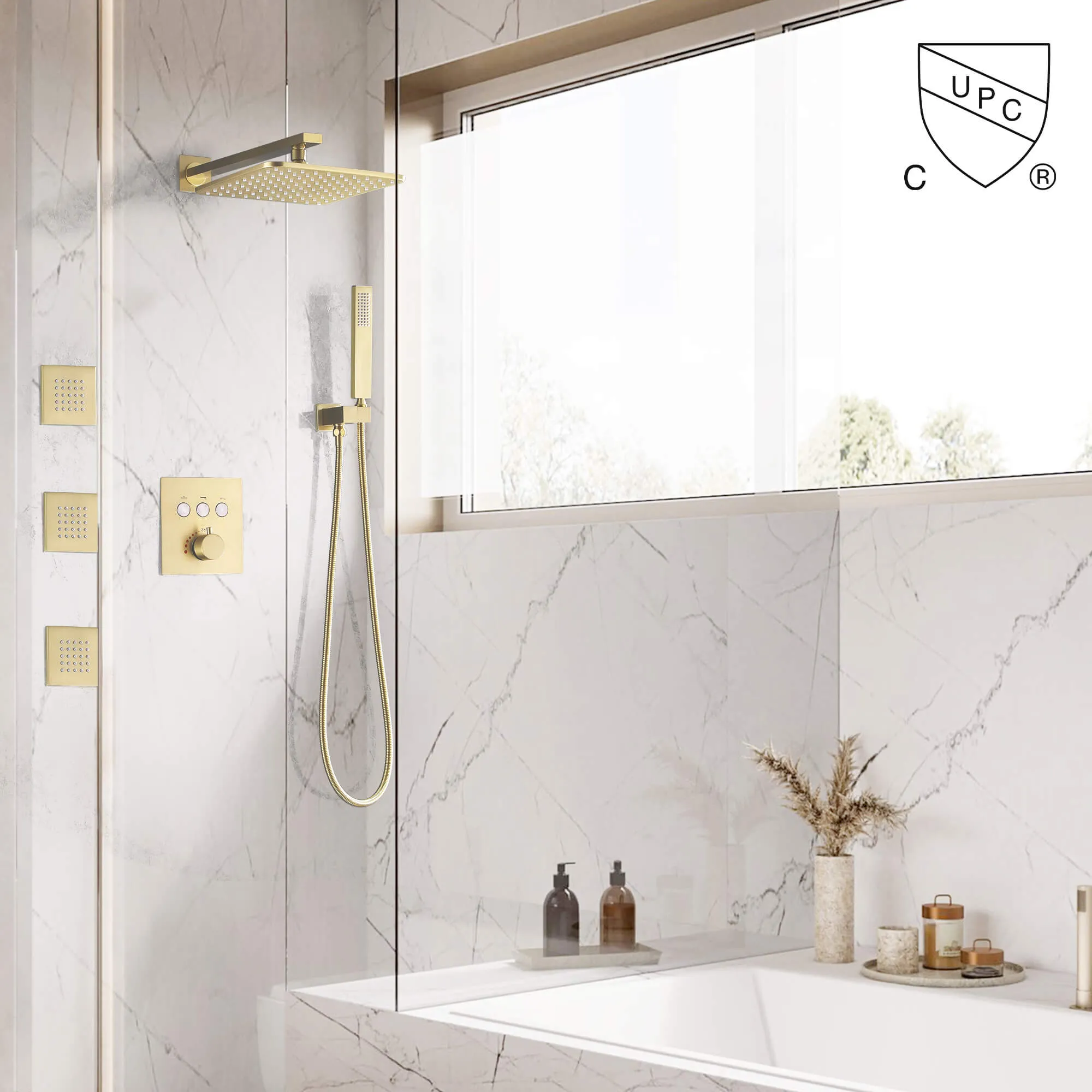 Rainfall Thermostatic Shower System with 3 PCS Body Jets Brushed Gold RB1111