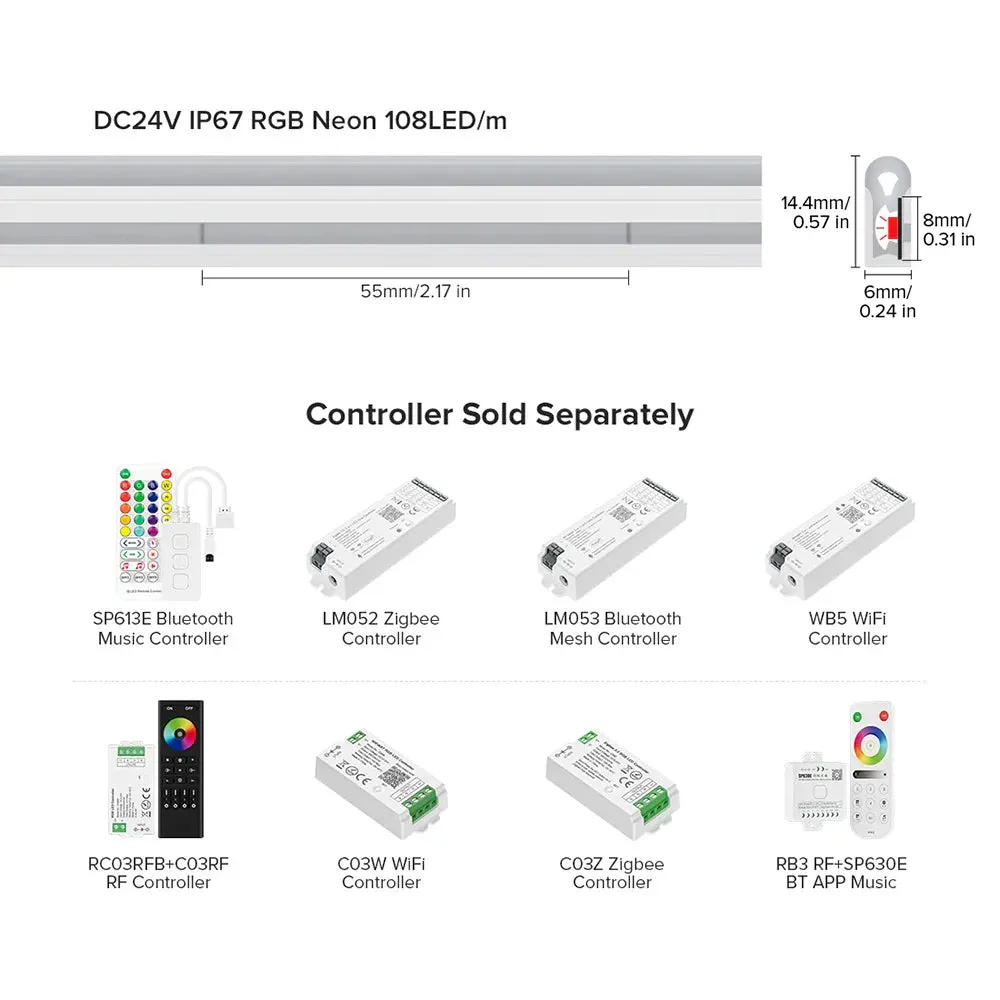Side Emitting T0615 RGB Neon Light 108LEDs/M Flexible Uniform IP67 Waterproof Silicone Full Color DC 24V