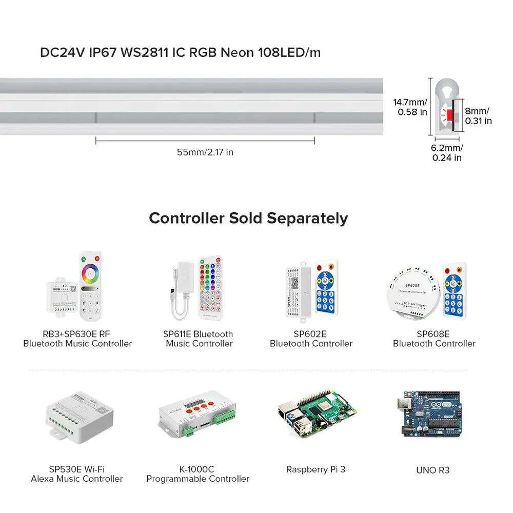 Side Emitting WS2811 IC RGB T0615 Neon Light 108LEDs/M Chasing Color IP67 Waterproof Silicone External Bright Tape DC 24V