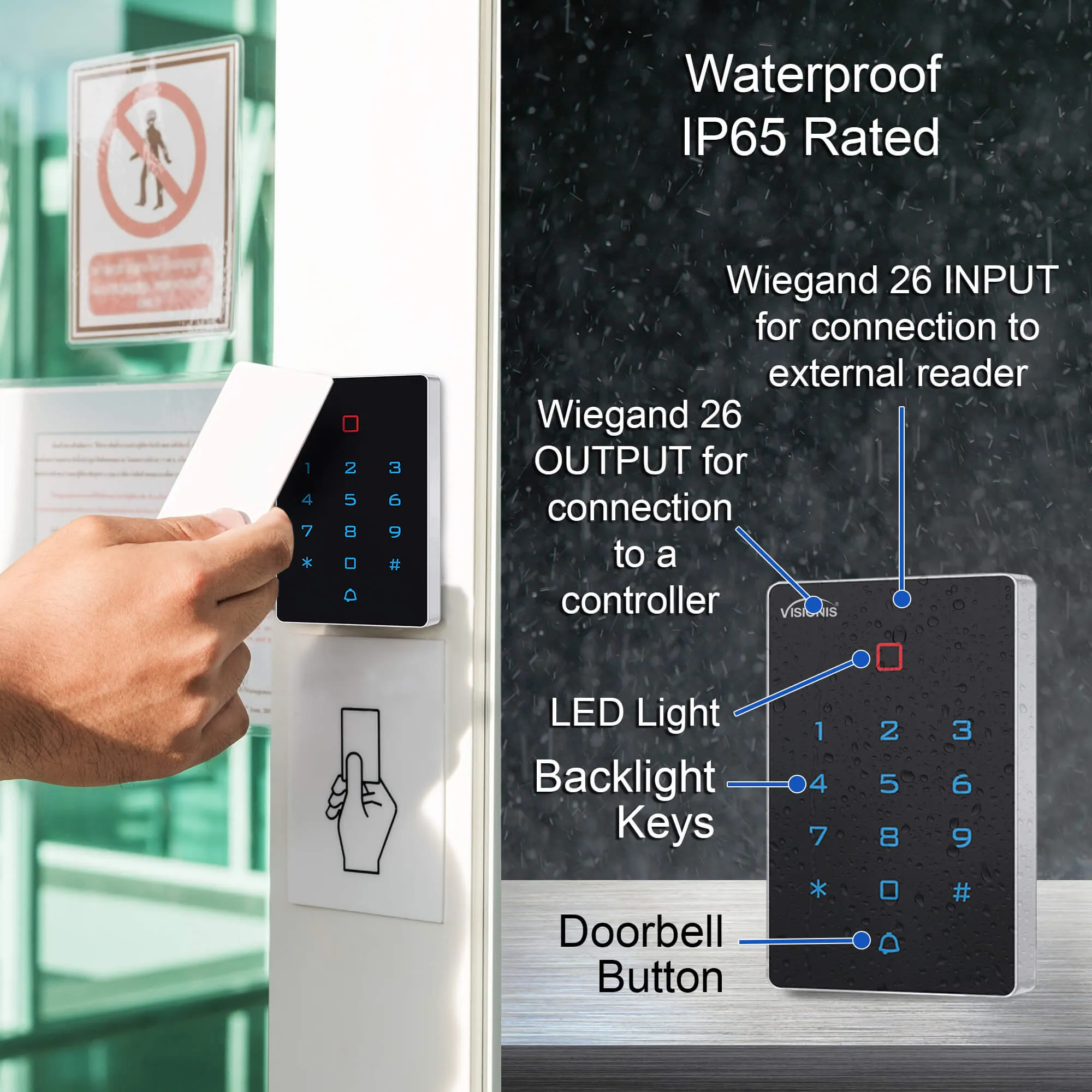 Visionis VIS-3025 - Access Control Indoor Outdoor Weatherproof WIFI   Digital Touch Keypad   Reader Standalone with Mini Controller   Wiegand 26   125 kHz EM Cards With Doorbell